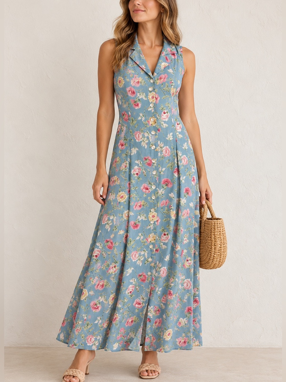 Passports Pier I Imports Blue Floral Button Front Sleeveless Maxi Dress S 90s